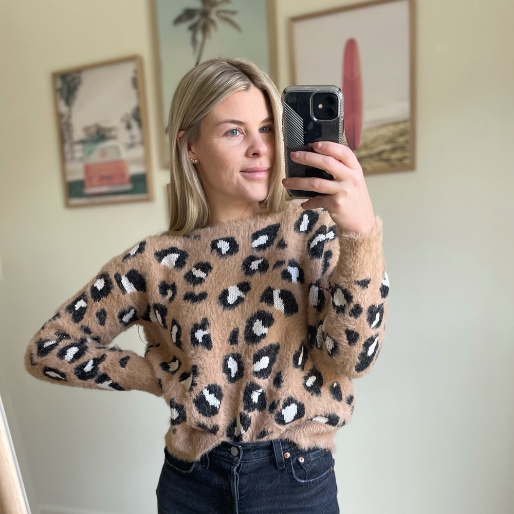 Express jaguar/cheetah/leopard print tan crew neck sweater